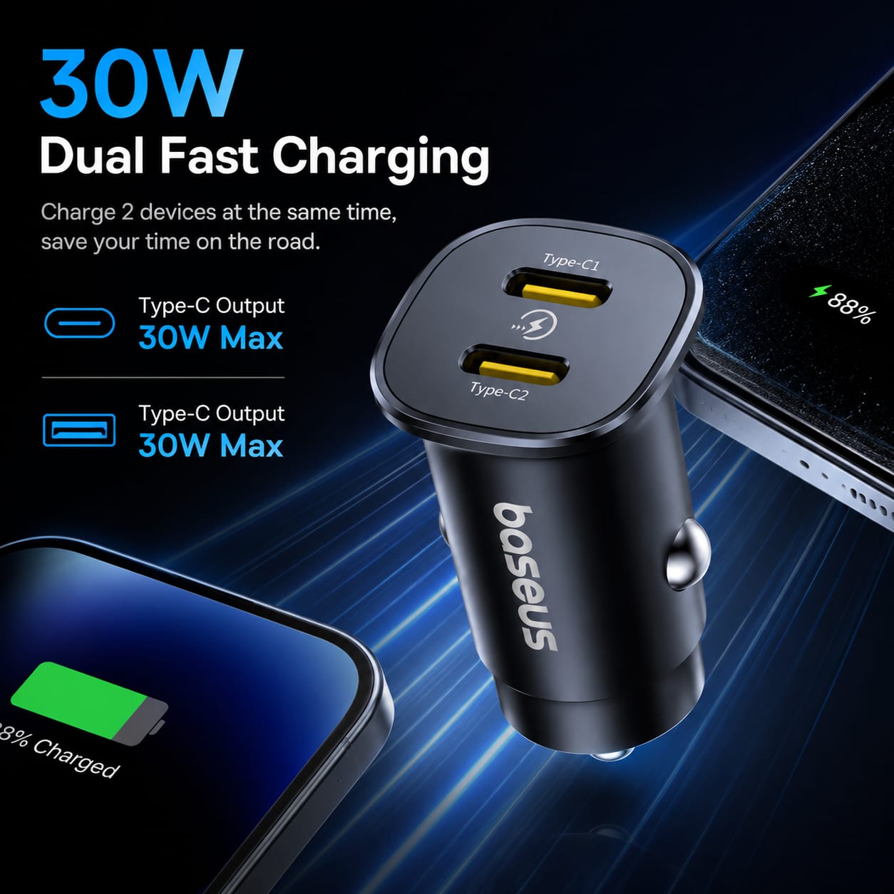 Baseus Go Trip DP1 Car Charger C+U 30W – Cosmic Black - Image 4