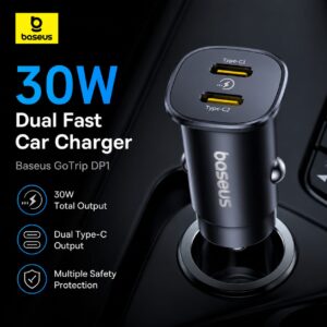Baseus Car Charger dual USB-C and USB-A ports close up