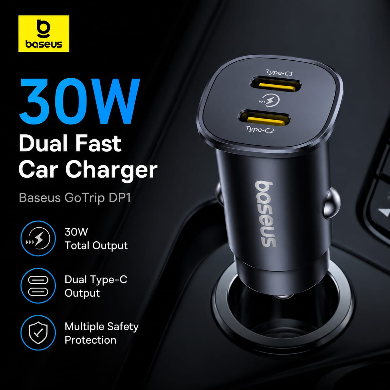 Baseus Go Trip DP1 Car Charger C+U 30W – Cosmic Black - Image 3